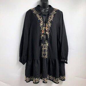 Zara Women's Embroidered Pullover Long Sleeve Front‎ Tie Mini Dress Size M